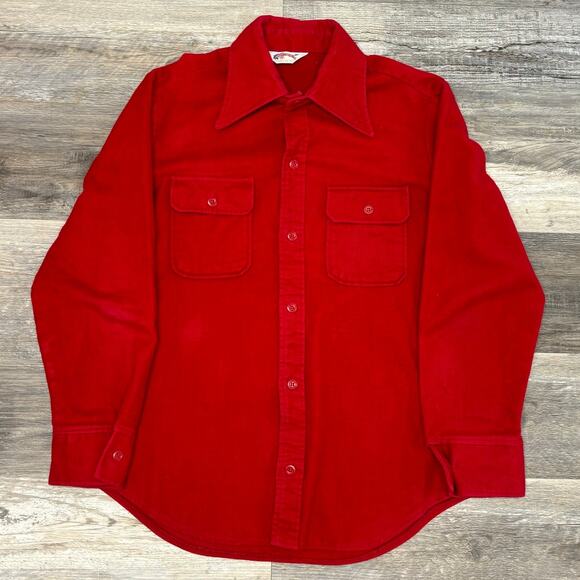 Vintage 70s Wrangler Solid Red Mens L Cowboy Western Horse Tag Flannel Shirt USA - Picture 2 of 9